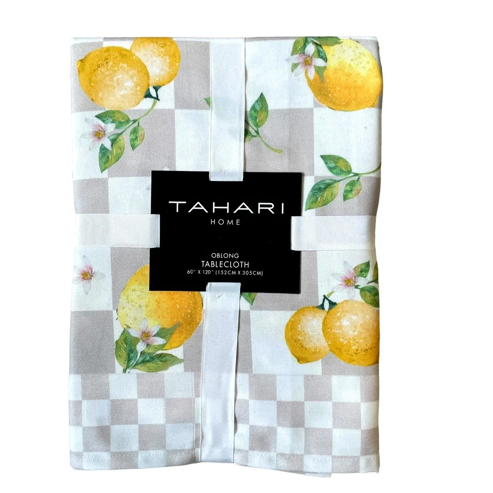 TAHARI Checkered Summer Lemons Tablecloth 60x120 Beige & White NEW